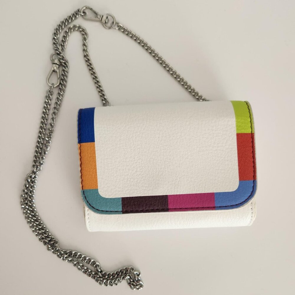 White faux Leather Multicolor Trip  Over Shoulder Pouch